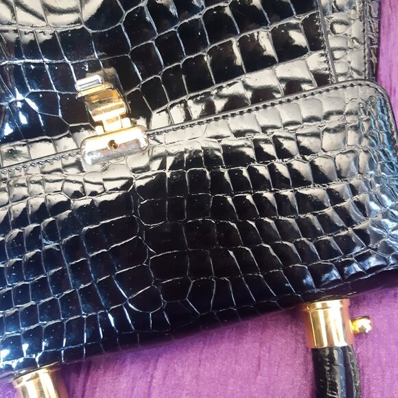 Vintage Faux Alligator Patent Black Evening Bag Purse Made in Italy - Picture 4 of 16